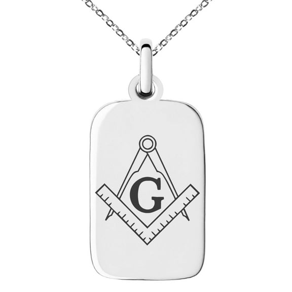 Tioneer Stainless Steel Freemasons Masonic Compass Engraved Small Rectangle Dog Tag Charm Pendant Necklace