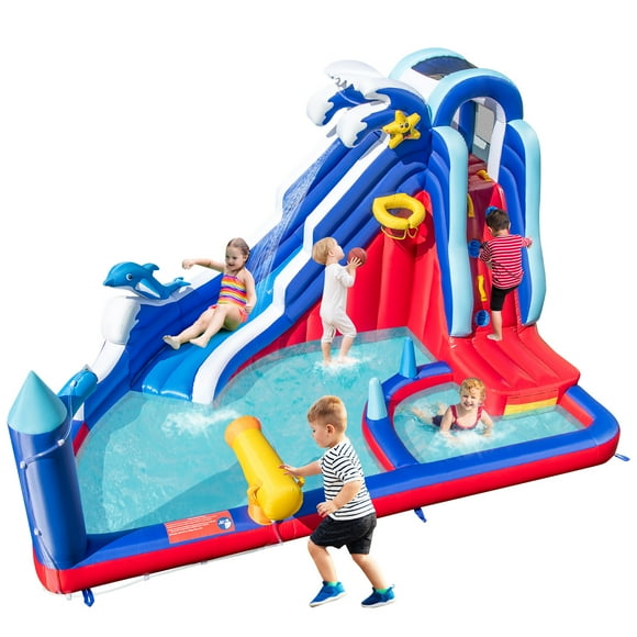 Topbuy Inflatable Water Slide Park Dolphin Theme Kids Bounce House w/ Long Slide 2 Splash Pools Climbing Wall Water Gun (Without Blower)