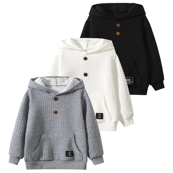 Fdqin Boys Hoodies 3 Piece Waffle Button Sweatshirts Long Sleeve Loose Pullover with Pocket Grey Black White 9-10 Years