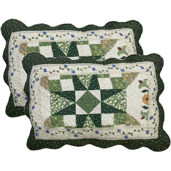 2-Piece Boho Cotton Quilted Bed Pillow Shams Floral Printed Patchwork Pillow Shams Set, Standard Size (606 Green, 20"x28")