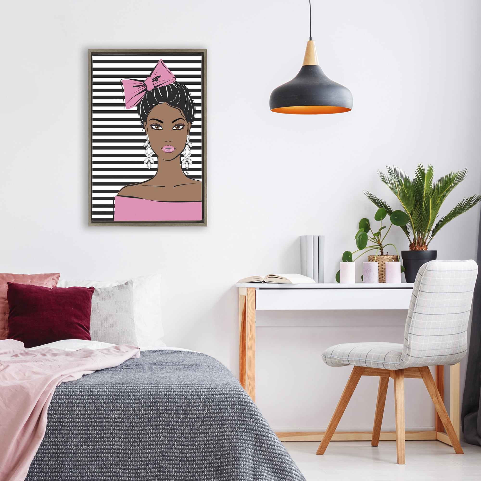 Stupell Industries Girl with Bow & Jewel Earrings Brown Framed Floater Canvas Wall Art, design by Martina Pavlova