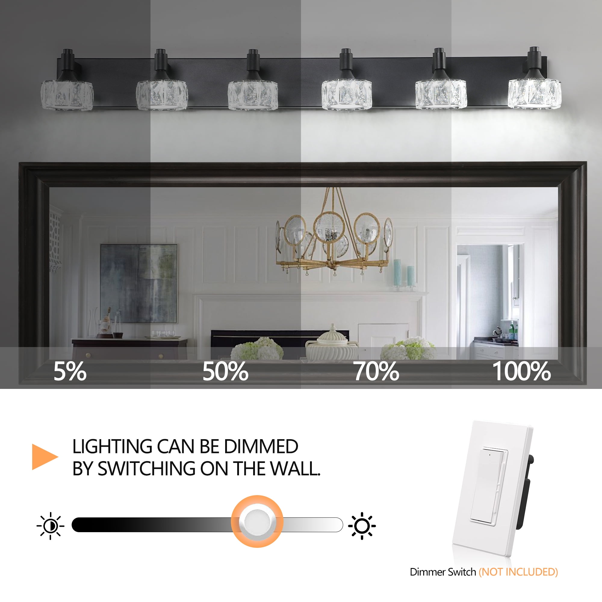 Jopath Modern 6-Light Matte Black LED Vanity Light Fixture with Crystal Glass Shades, Elegant and Contemporary Bathroom Wall Sconce for Bathroom Vanity Mirror