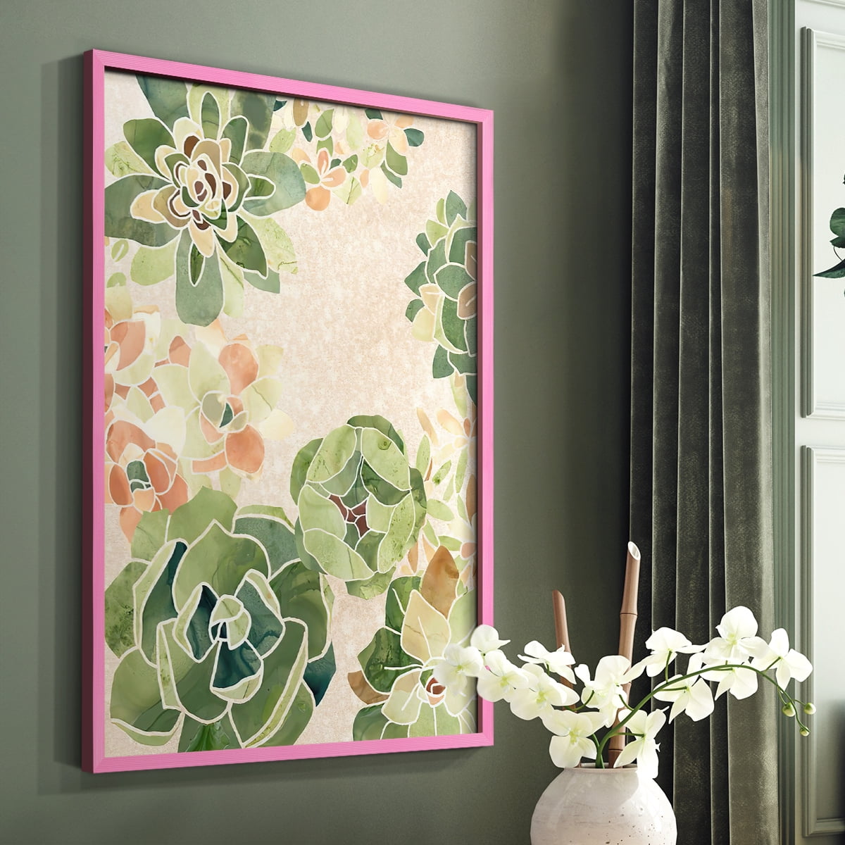 Stained Glass Succulents I Framed Print in Pink Solid Wood Framed Print No Nail Hanging