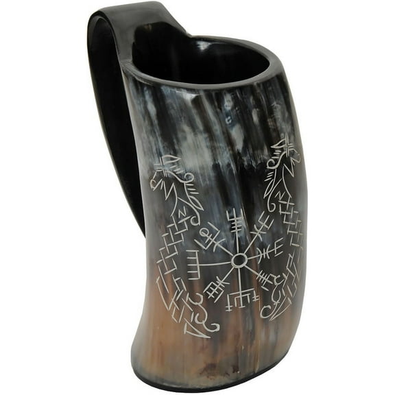 SZCO 16Oz. Norse Compass Genuine Horn/Wood Viking Style Tankard Grog/Ale/Wine/Mead Drinking Mug