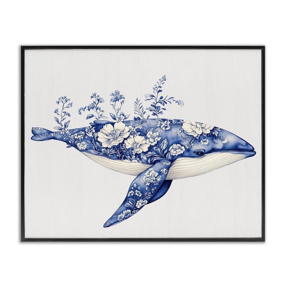 Blooming Toile Whale Black Framed Giclee Art, design by Lettered and Lined
