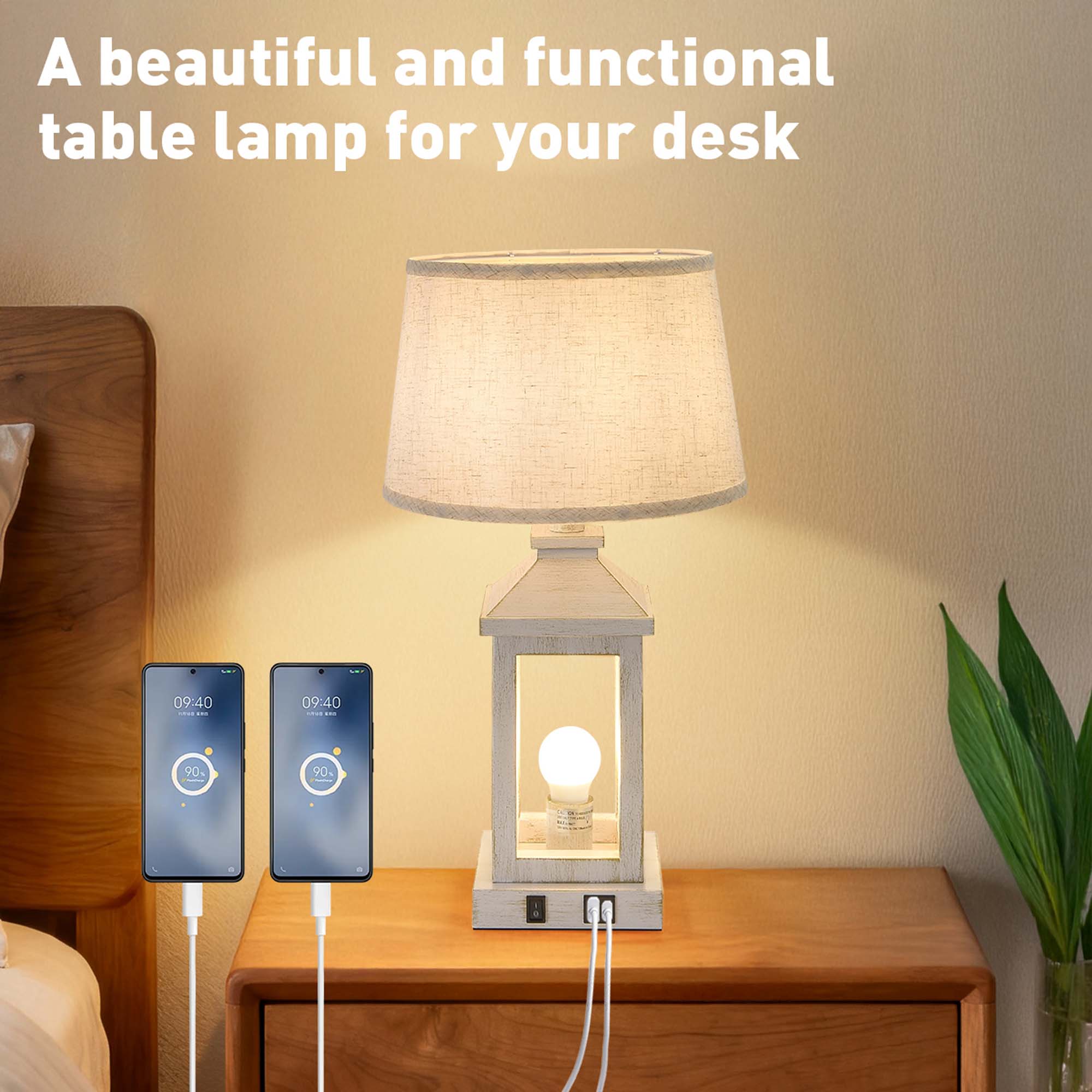 Miniyam 12" W * 20.5" H Set of 2 Vintage Table Lamps for Office, Nightstand Lamp with USB C+A & Outlet Bedside Lamps for End Table, Including Light Bulbs (White Gold)