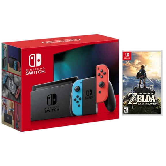 Nintendo Switch with Neon Red and Neon Blue Joy-Con (International Edition) Bundle with The Legend of Zelda: Breath of the Wild