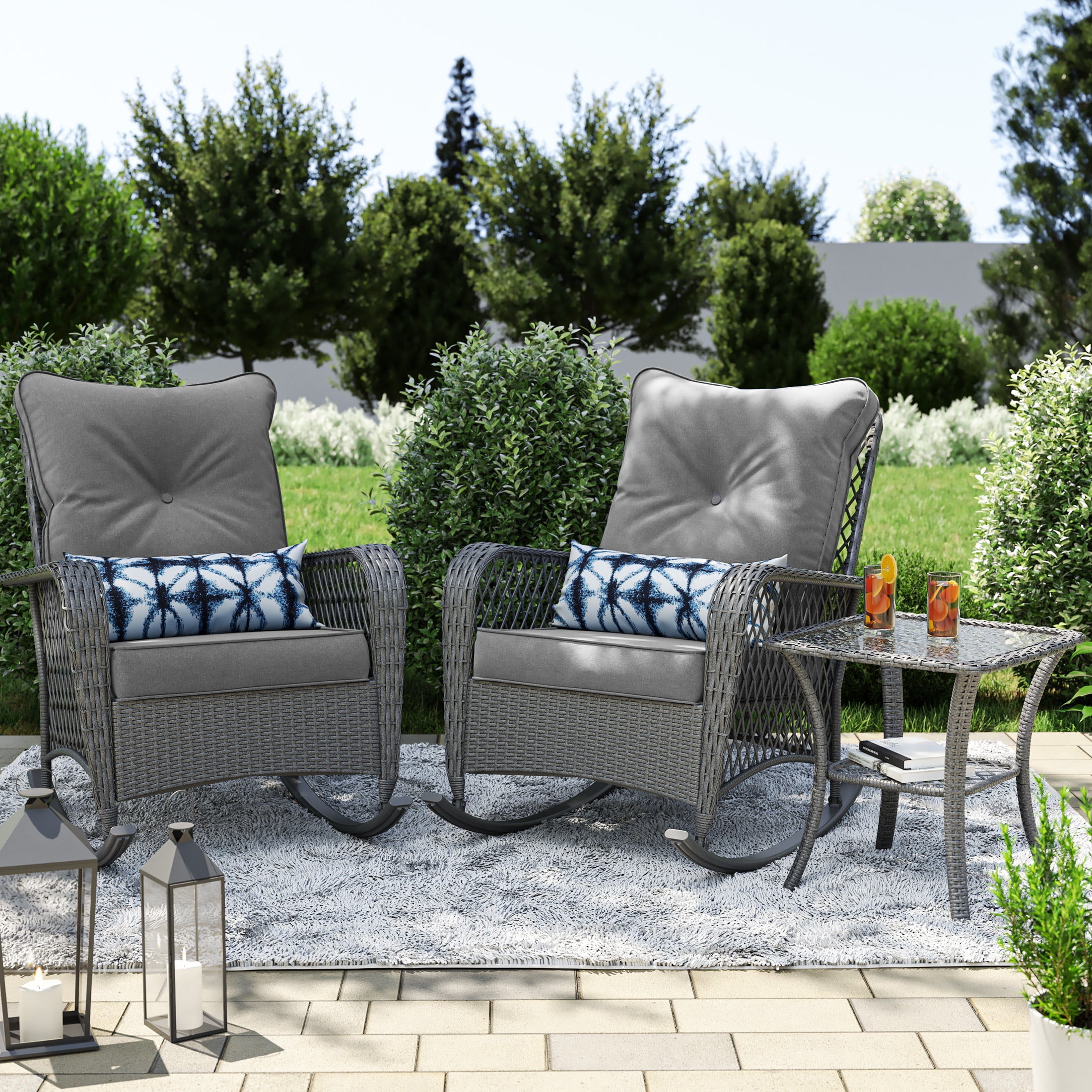 Poteban 3-Piece Outdoor Rocking Chairs, Wicker Patio Furniture with Thickened Cushions and Table for Porch (Gray)