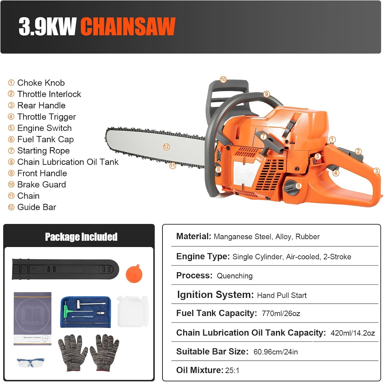 Miumaeov 71.8CC Gas Chainsaw with 24 inch Guide Bar, 2-Stroke Gasoline Powered Chain Saw, 3.9KW Handheld Gas-Powered Chain Saws Single Cylinder Chainsaws for Wood Cutting and Tree Trimming