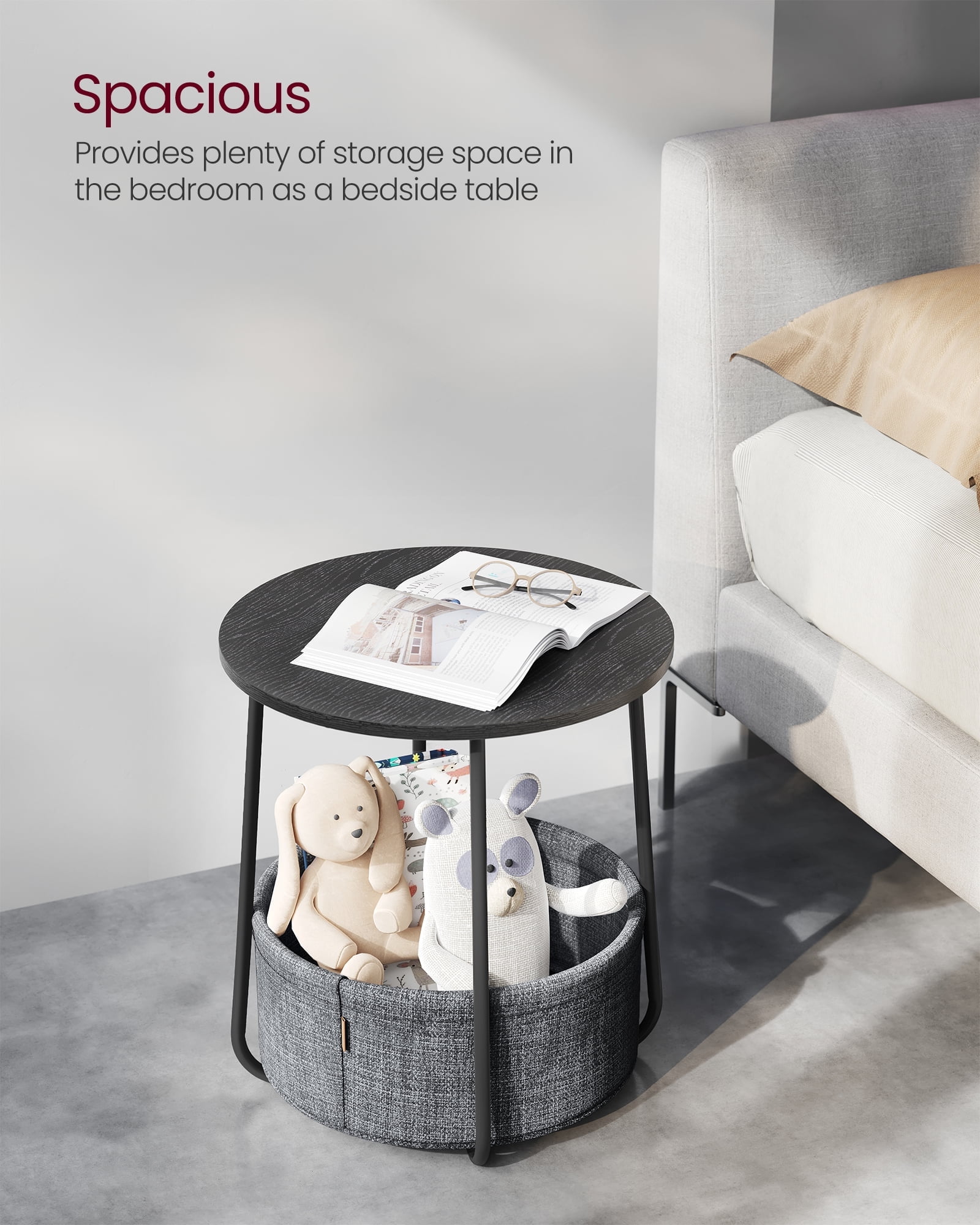 Round End Side Table with Fabric Storage Basket Bedside Table Nightstand for Living Room Bedroom Ebony Black and Slate Gray