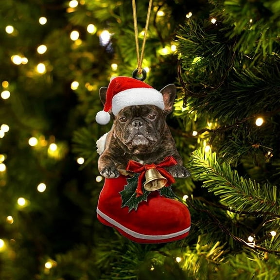 Acrylic 2D FLAT French Bulldog In Santa Boot Christmas Hanging Ornament
