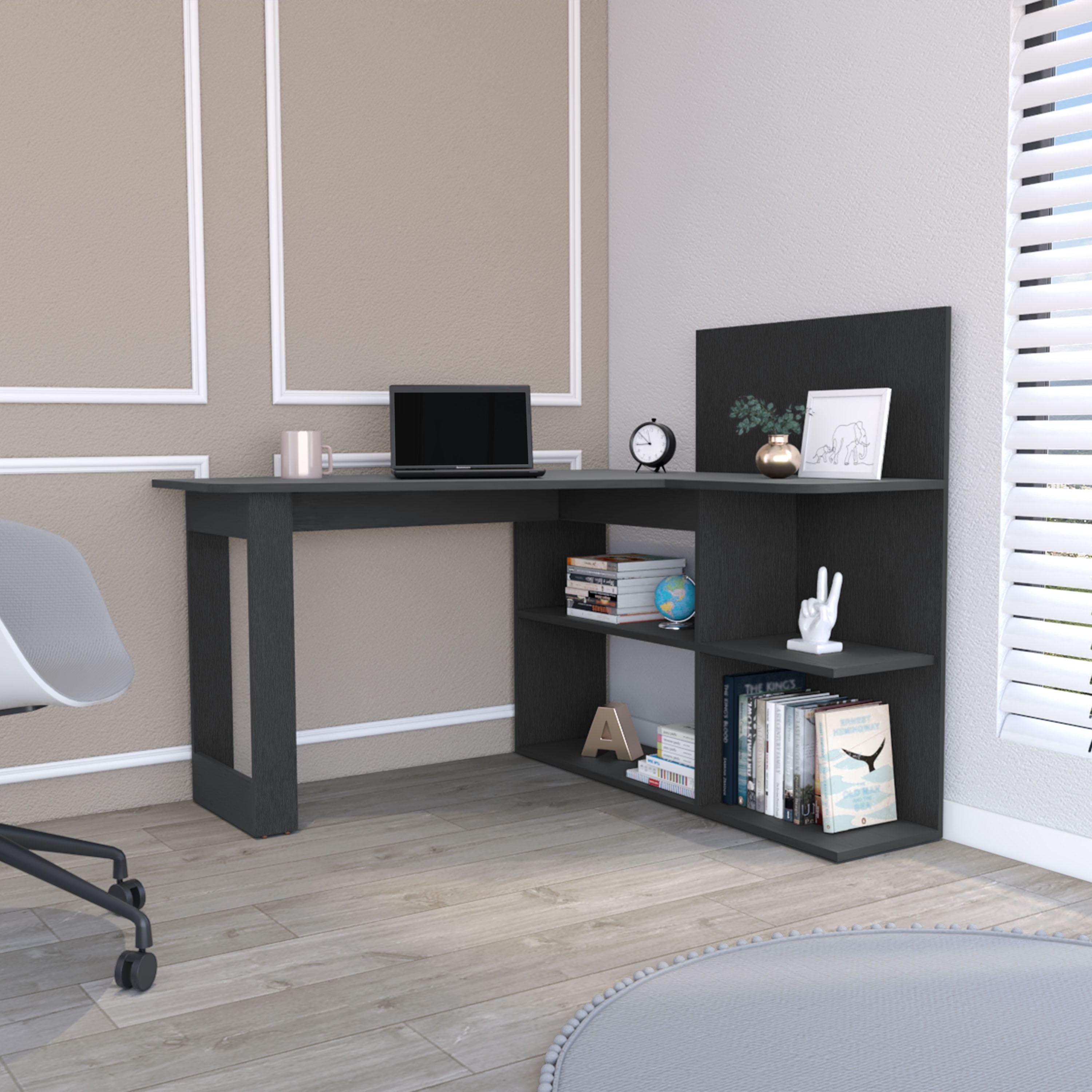 L Shaped Black Computer Desk Mohave with Shelves and Corner Workstation
