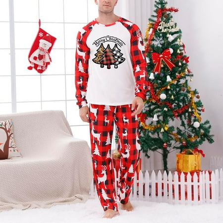 

VBXOAE Parent-child Warm Christmas Set Printed Home Wear Pajamas Two-piece Dad Set