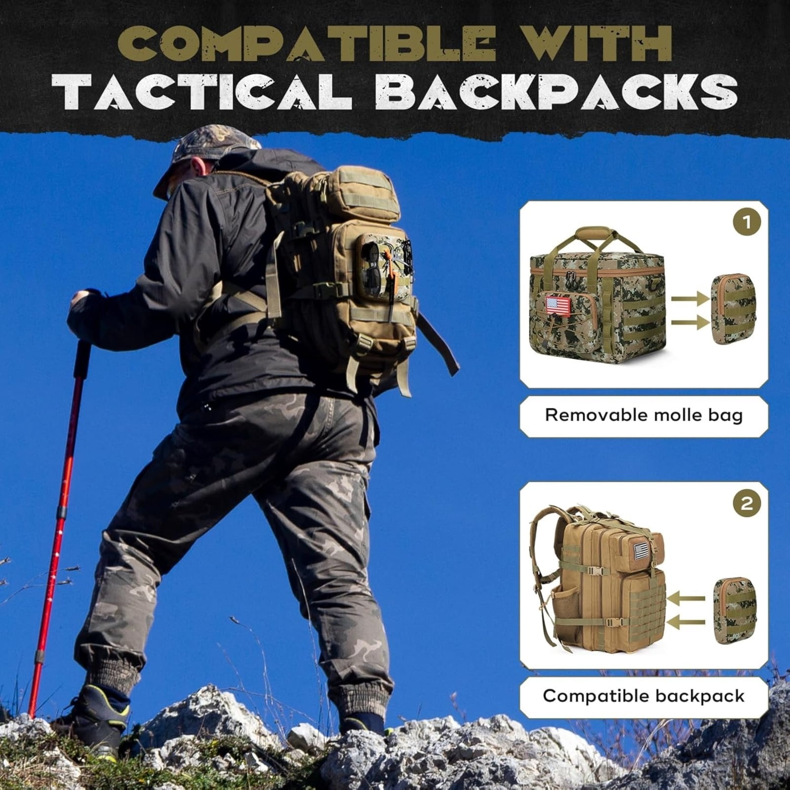 Tactical Lunch Box for Men with 5 Slim Ice Packs, 15L Insulated Cooler Bag with MOLLE Pouch