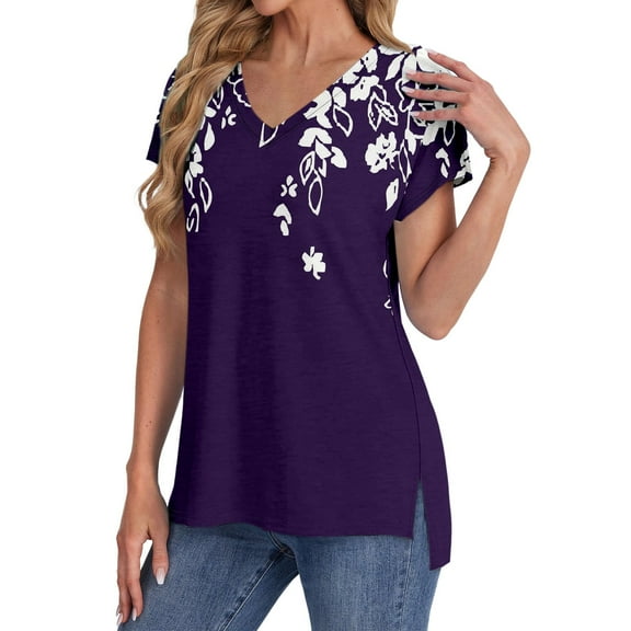 Purple Women's Short Sleeve T-shirt, Womens Summer Daily Casual V Neck Shirts Short Sleeve Tops Blouses Loose Fit Shirt,Women's Short sleeve T-shirt XXL