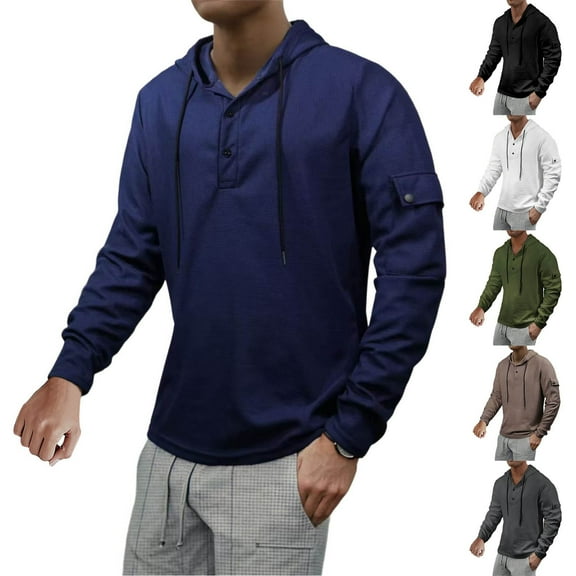 RYDCOT Mens Thin Hoodies Casual Solid Color Long Sleeve Drawstring Waffle Loose Trendy Sweatshirt White