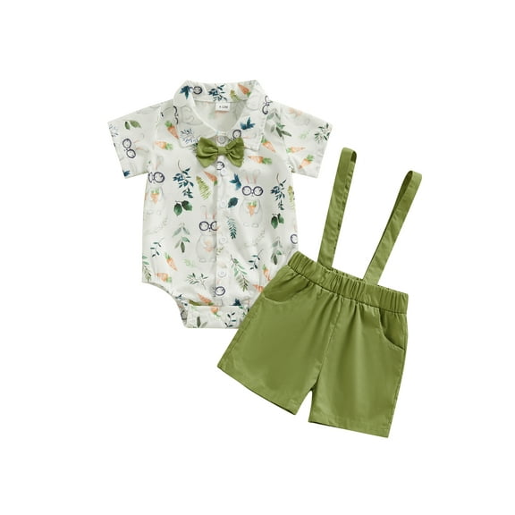 Jxzom Toddler Baby Boy Easter Gentleman Outfit 3 6 12 18 24 Months Rabbit Print Short Sleeve Romper Suspender Shorts Set