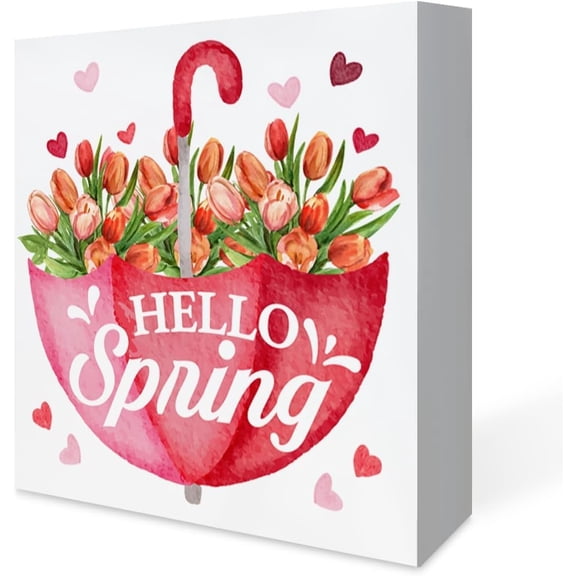 Wooden Box 5x5 Inch Hello Spring Wooden Box Sign Spring Decor Spring Sign Umbrella Tulip Sign Farmhouse Wood Box Sign Spring Art Blocks Desk Shelf Tabletop Home Decor