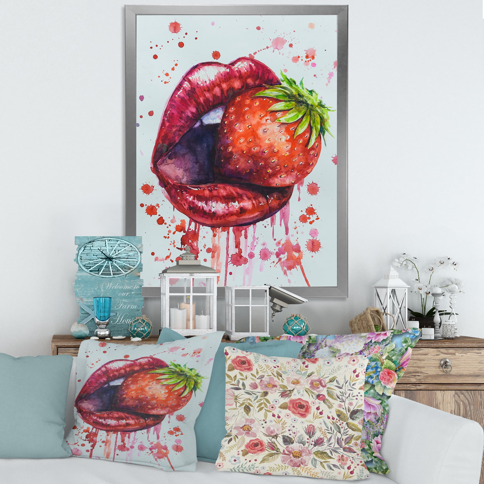 Designart 'Red Girl Lips Eating A Strawberry' Modern Framed Art Print