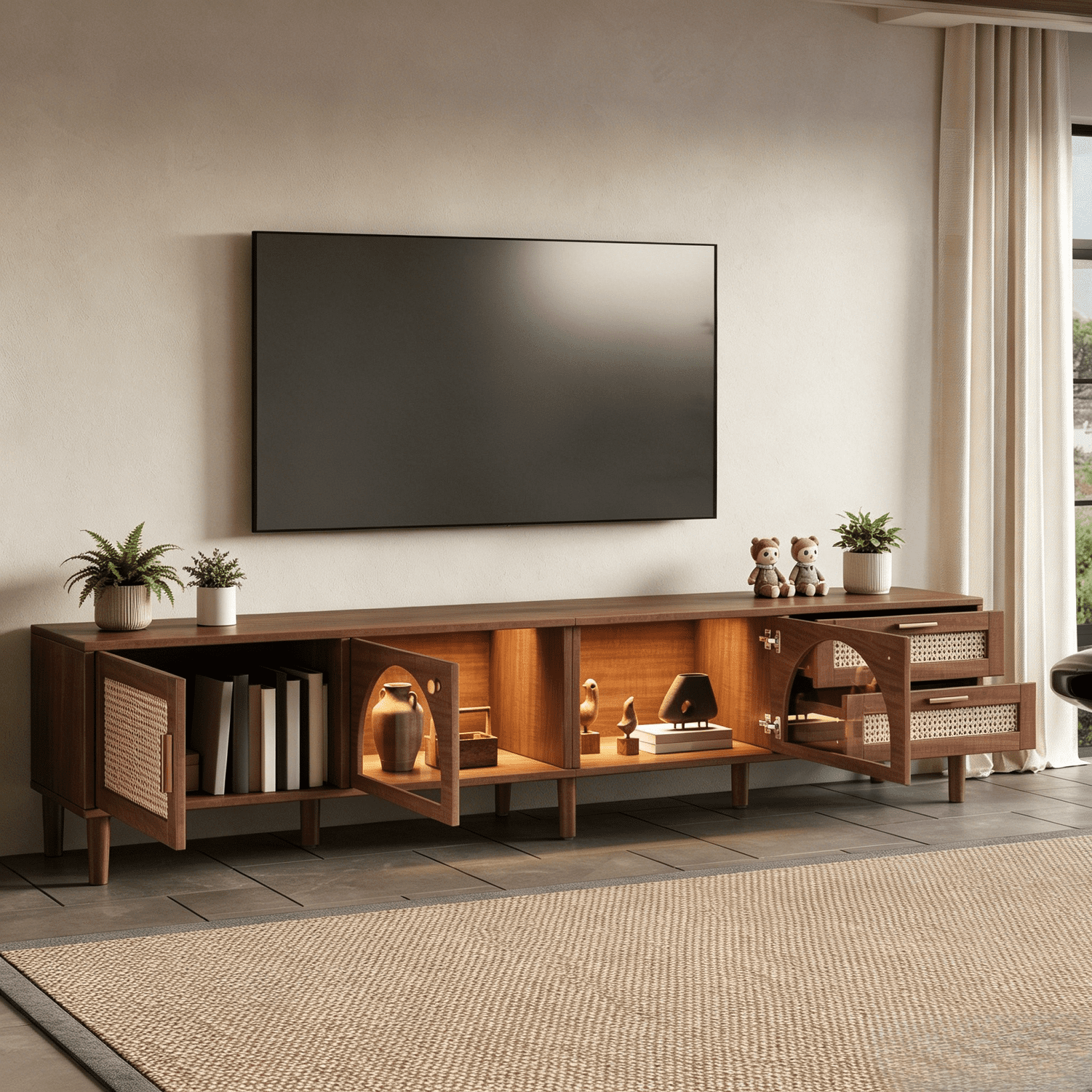 Homy Casa 86.6" TV Stand with LED Lights, Rattan Doors and Drawers, Walnut