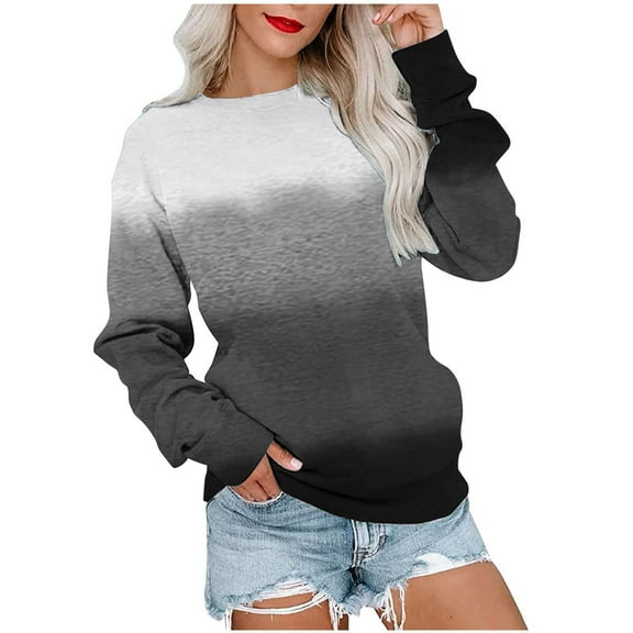 VANLOFE Women's Long Sleeve Sweatshirt Women's Gradient O-Neck Sweatshirt Soft Fashion Sweatshirt for Women Gray Sweatshirt S