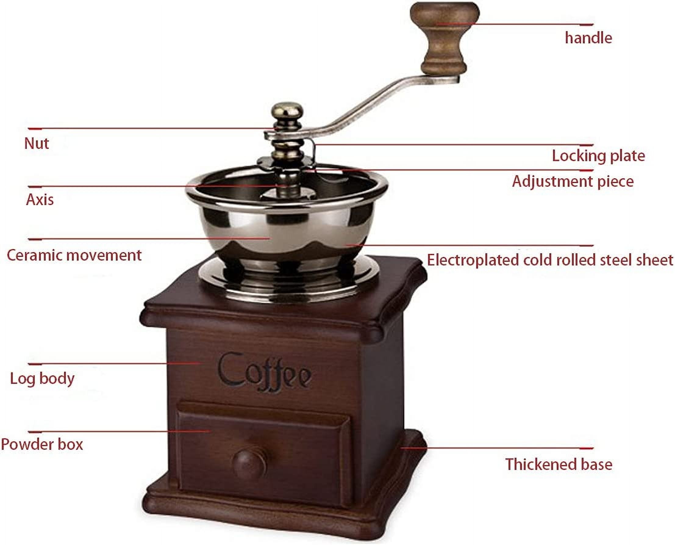 Wooden Manual Coffee Grinder Vintage Style Hand Coffee Mill Burr Coffee Grinder with Ceramic Hand Crank,Wooden Manual Coffee Grinder Cleaning Brush, Brown, 19 x 8.5 x 16 cm