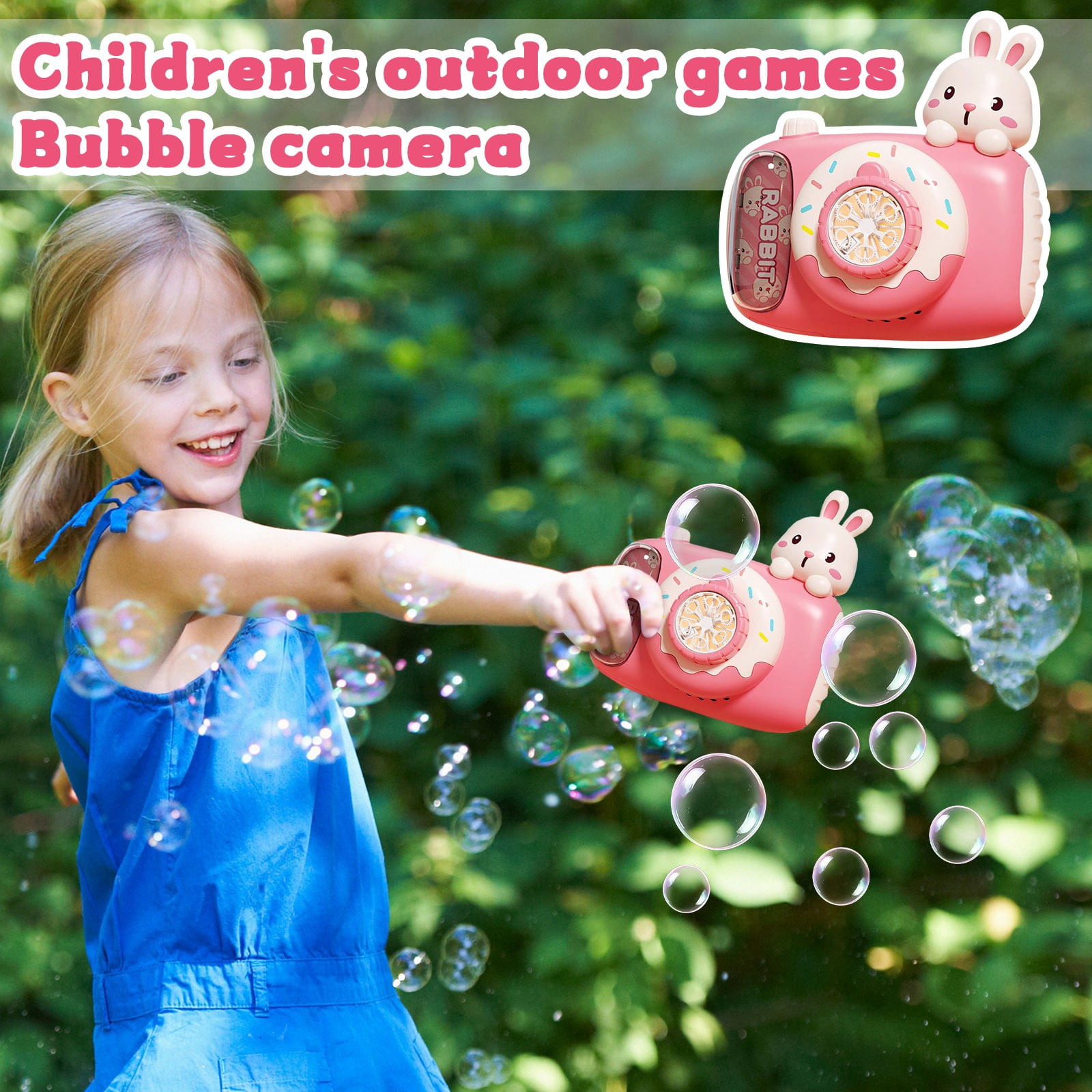 Camera Style Bubble Blower, Automatic Bubble Machine with Lights and 2x30ml Bubble Solution, Portable Bubble Maker for Party Carnival Wedding Events (Pink)