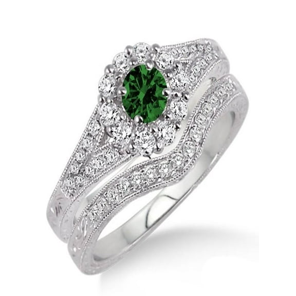1.5 Carat Emerald & Diamond Antique Floral Bridal set on 10k White Gold