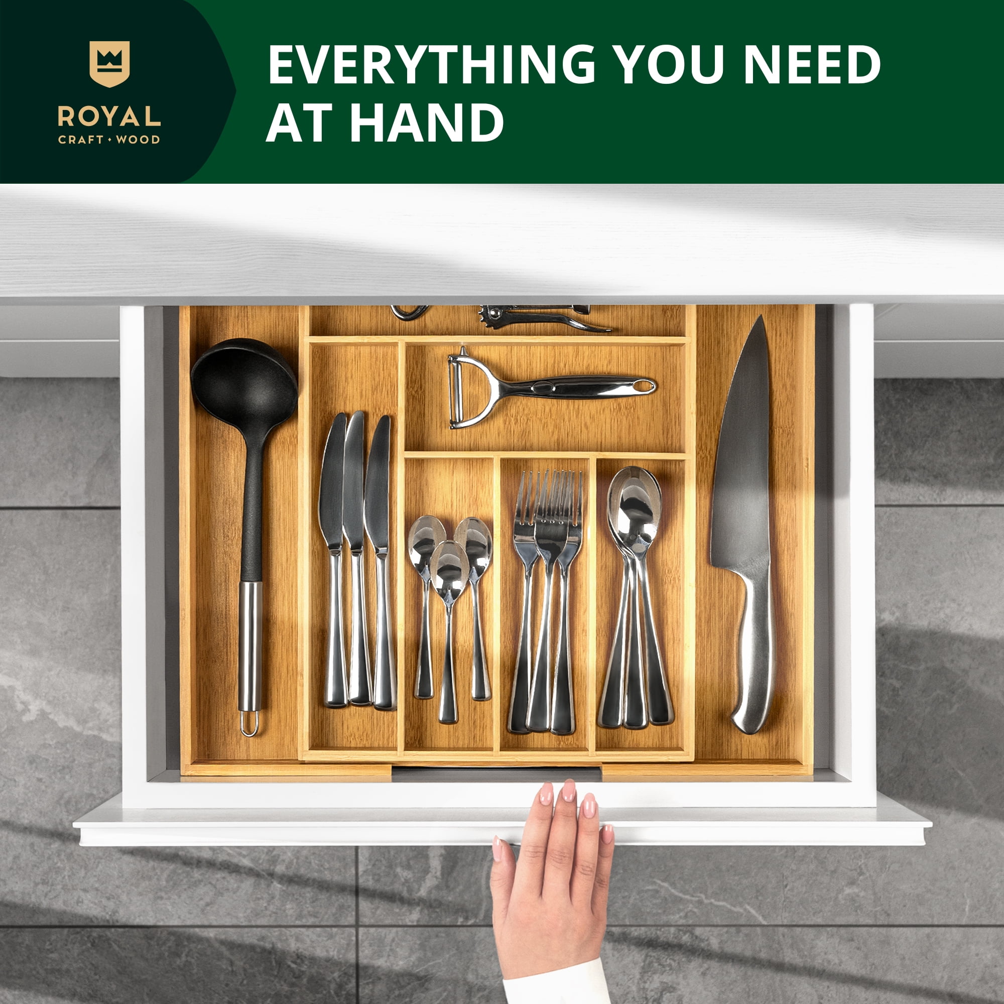 Royal Craft Wood Bamboo Kitchen Drawer Organizer – Expandable Silverware Holder, Utensil & Cutlery Tray with Knife Storage – Office & Desk Drawer Organization (6–8 Slot, Natural)