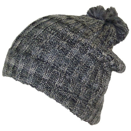 - David & Young Womens Cuffed Knit Winter Beanie Hat W/Pom Pom on Top & Metallic Yarn (One Size) - Black/Gray