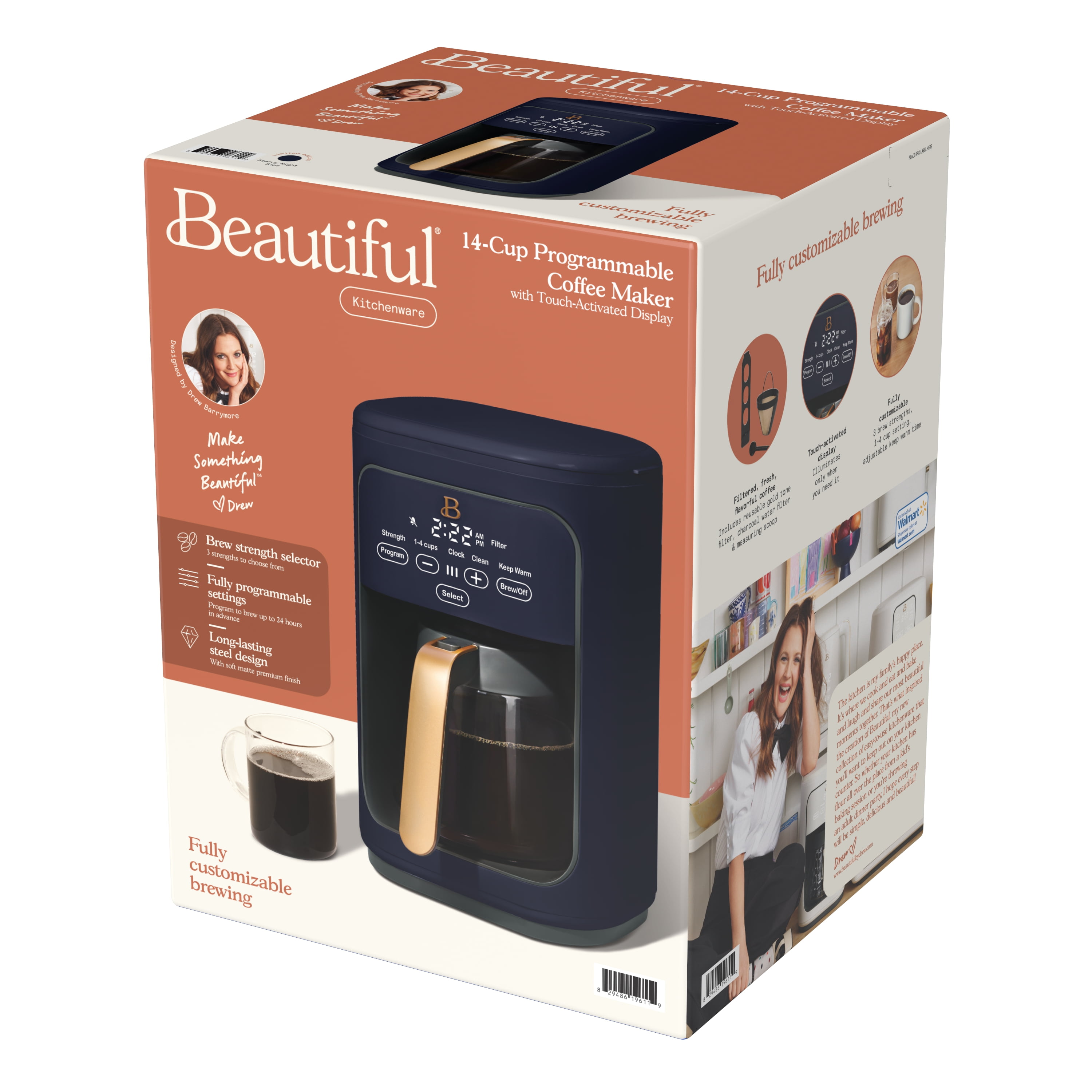 Beautiful 14-Cup Programmable Drip Coffee Maker with Touch-Activated Display, Starry Night by Drew Barrymore, Blue