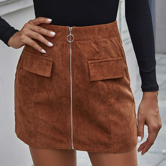 Fesfesfes Women Skirt Solid Color Zip Skirt Corduroy Short A-line Skirt Clearance