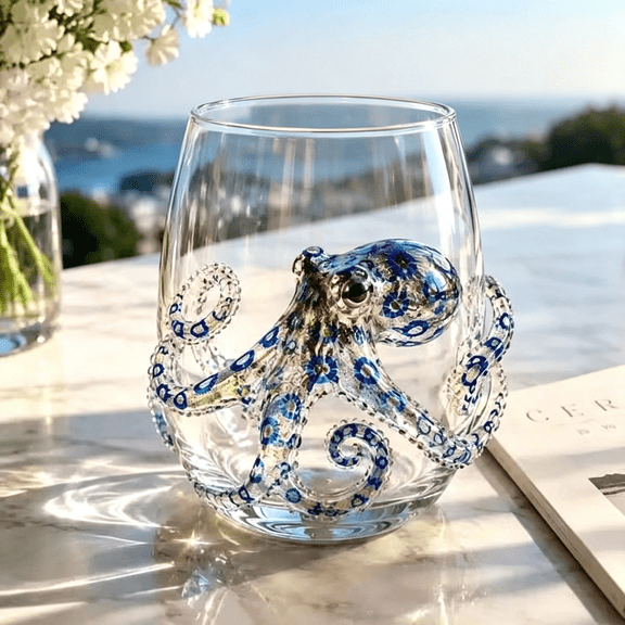 BPPEG 3D Artisanal Blue Ringed Octopus Glassware,Octopuses Stemless Wine Glasses,Handcrafted Marine Animal Bar Glass Octopus Glassware