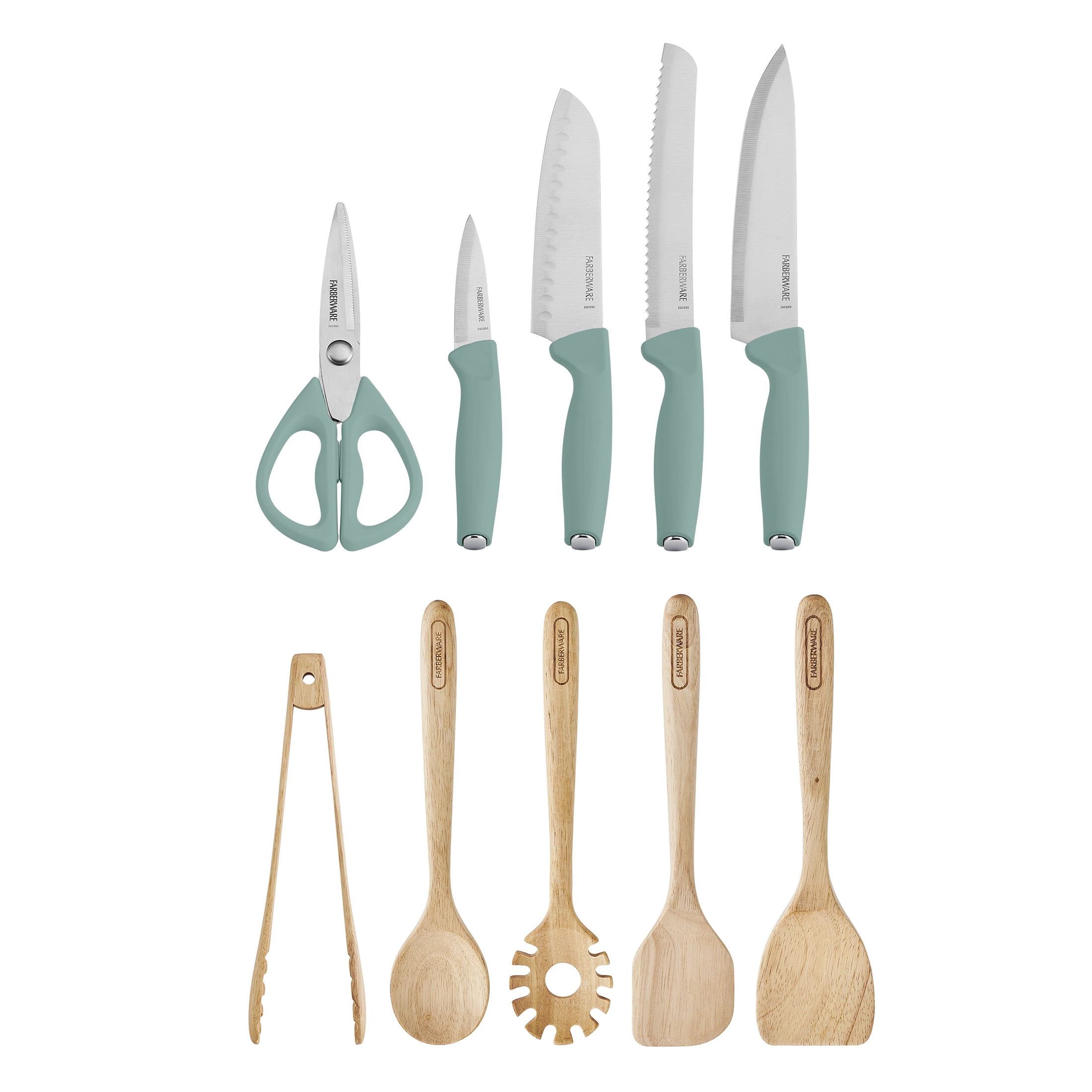 Farberware Professional Wood Kitchen Utensil and Knife Set with Counter Storage Sage, 13-Piece