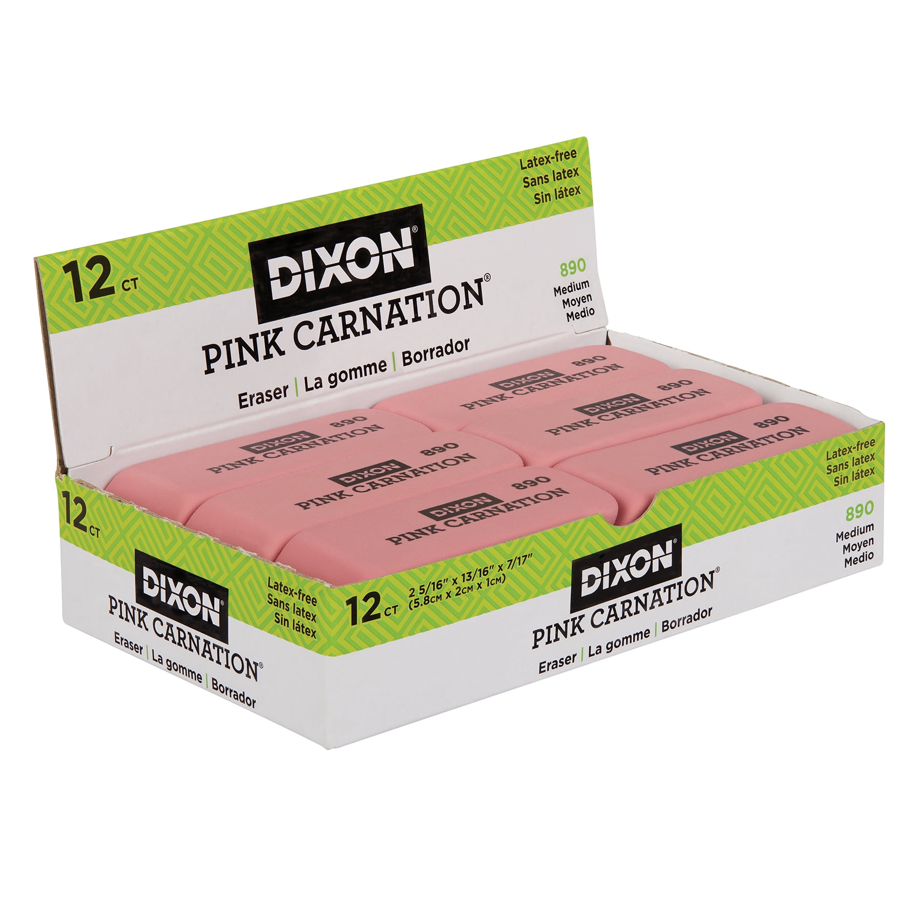 Dixon Pink Carnation Erasers, Medium, 2-5/16 x 13/16 x 7/17, 12 Per Pack, 3 Packs