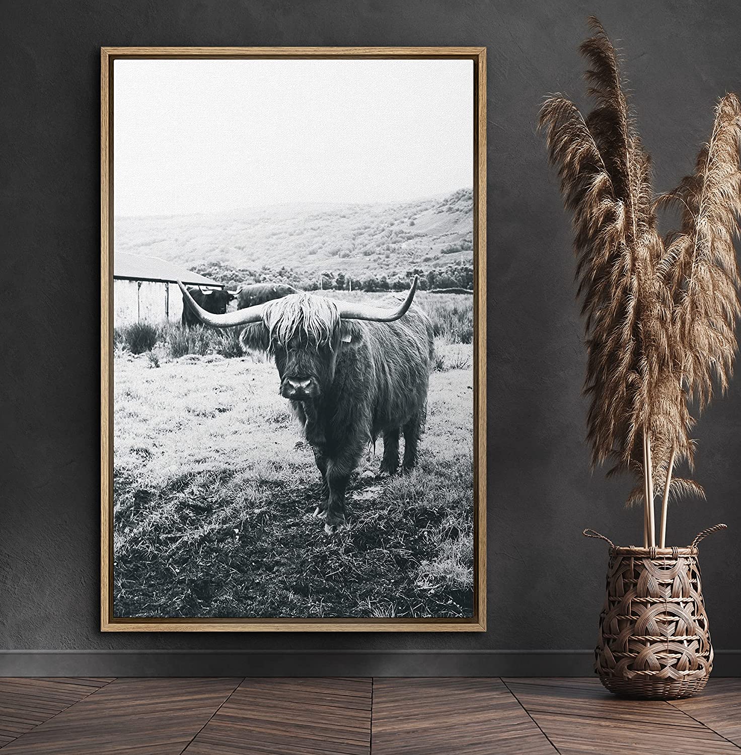 PixonSign Highland Cow Canvas Print Framed Wall Art, 24x36 inches