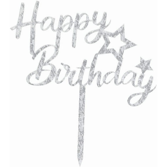 O'Creme Cursive-Happy-Birthday-with-Stars Cake Topper, Silver