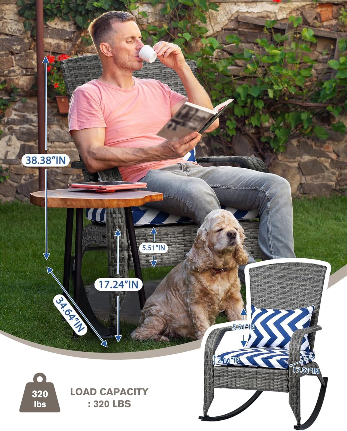 Outdoor Rocking Chair- Glider Rattan Rocker Chair with Heavy Duty Steel Frame- All Weather Outdoor Rocker Chair for Garden, Porch, Backyard