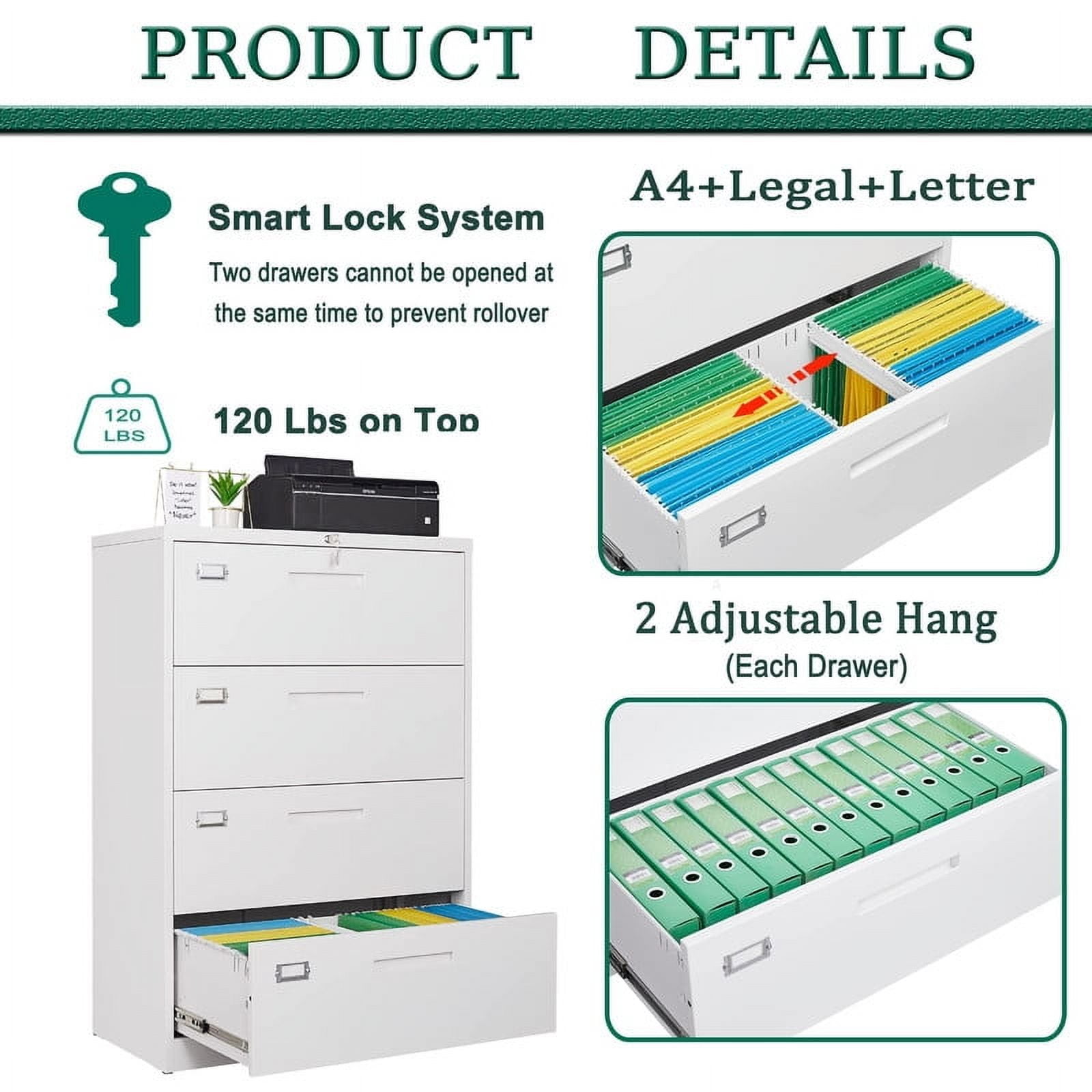 MIIIKO 4 Drawer Lateral File Cabinet with Lock, White Lateral Filing Cabinet for Legal/Letter A4 Size, Locking Wide File Cabinet for Home Office, Metal