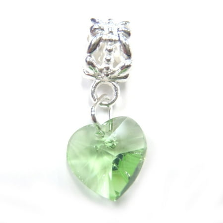 3 Beads - Green Crystal Heart Dangle Glass Silver European Bead Charm E1210