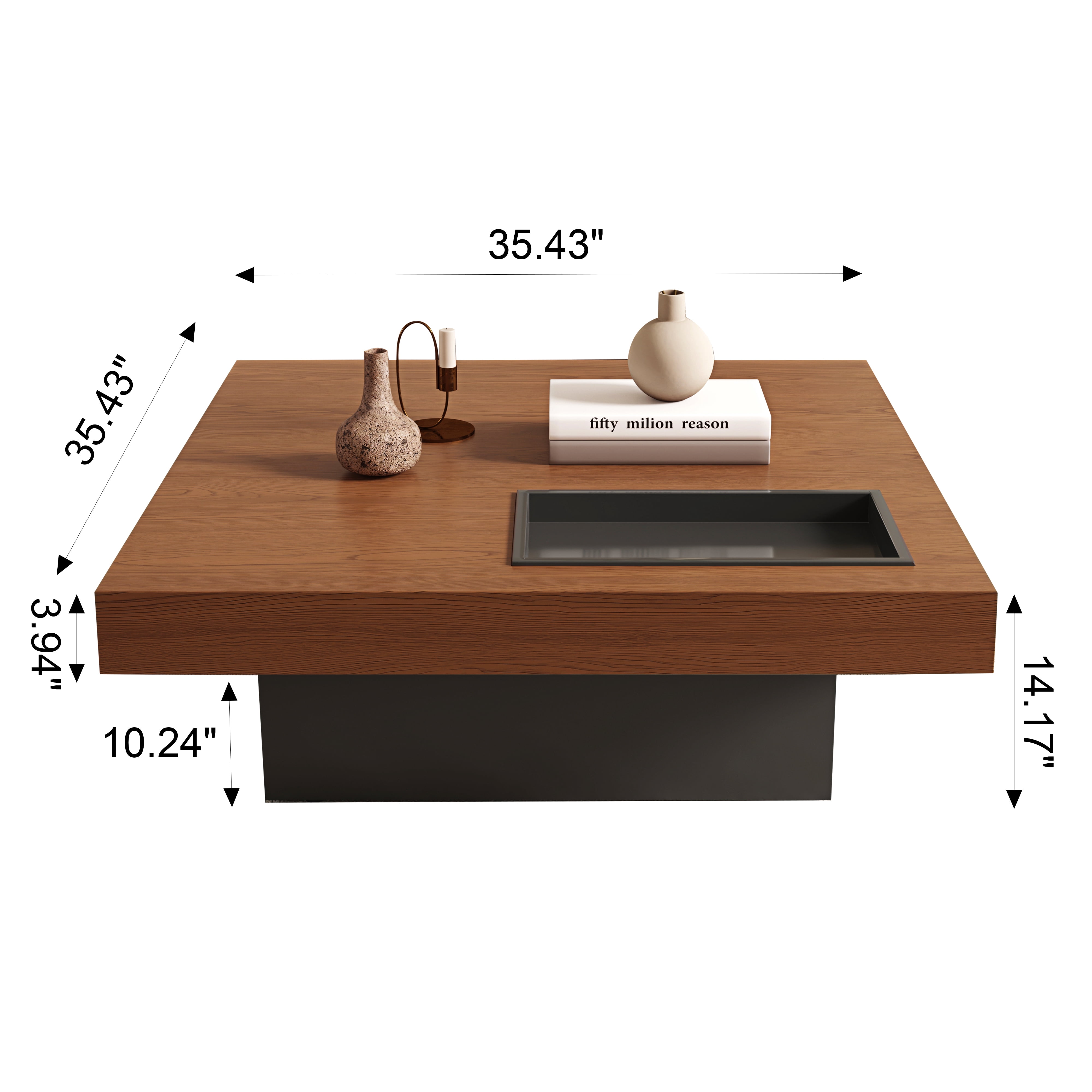 Euroco 35.43" Square Coffee Table with Storage, Mid-Century Modern Wooden Cocktail Table with Recessed Storage Tray for Living Room,Walnut
