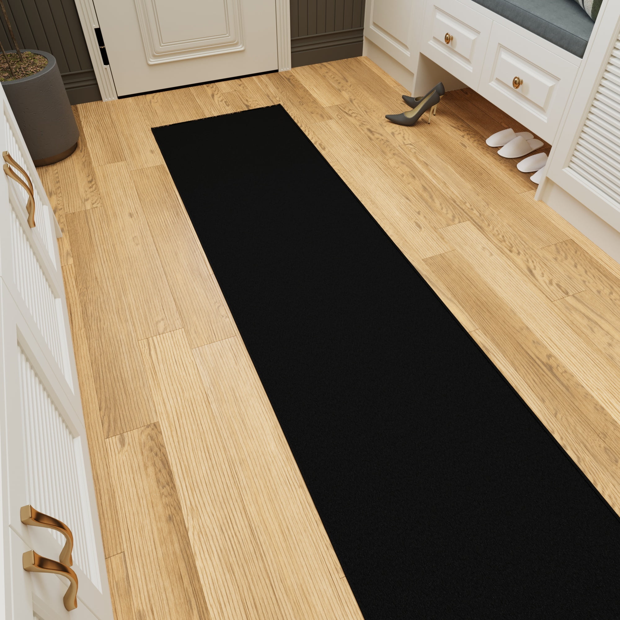 Ottomanson Extra Long Runner Rug Non-Slip Low Pile Stain Resistant, Solid Black, 1'10.5" x 52'
