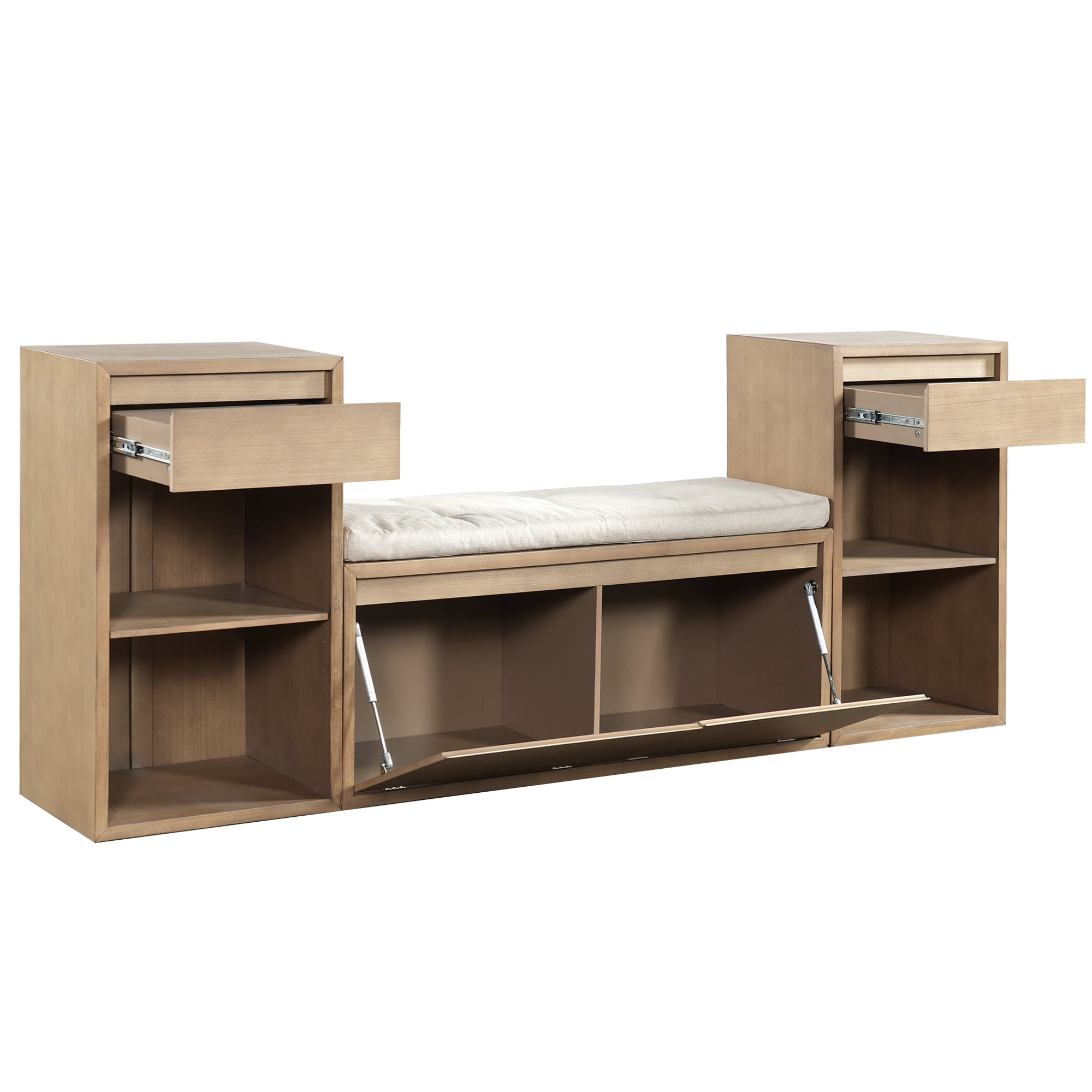 Euroco All-in-One Entryway Storage Bench with Cushion,3-Tier Shoe Bench with Open Shelves, 2 Drawers & 2 Doors, 77" Long Organizer Cabinet for Hallway,Entryway, Living Room, Bedroom,Brown