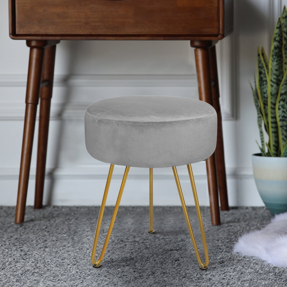 Mxfurhawa Velvet Round Footrest Stool Ottoman Modern Upholstered Vanity Pouffe Stool Storage Function Side Table Seat Dressing Chair for Bedroom Living Room with Golden Metal Leg Grey Mxfurhawa Velvet Round Footrest Stool Ottoman Modern Upholstered Vanity Pouffe Stool Storage Function Side Table Seat Dressing Chair for Bedroom Living Room with Golden Metal Leg Grey