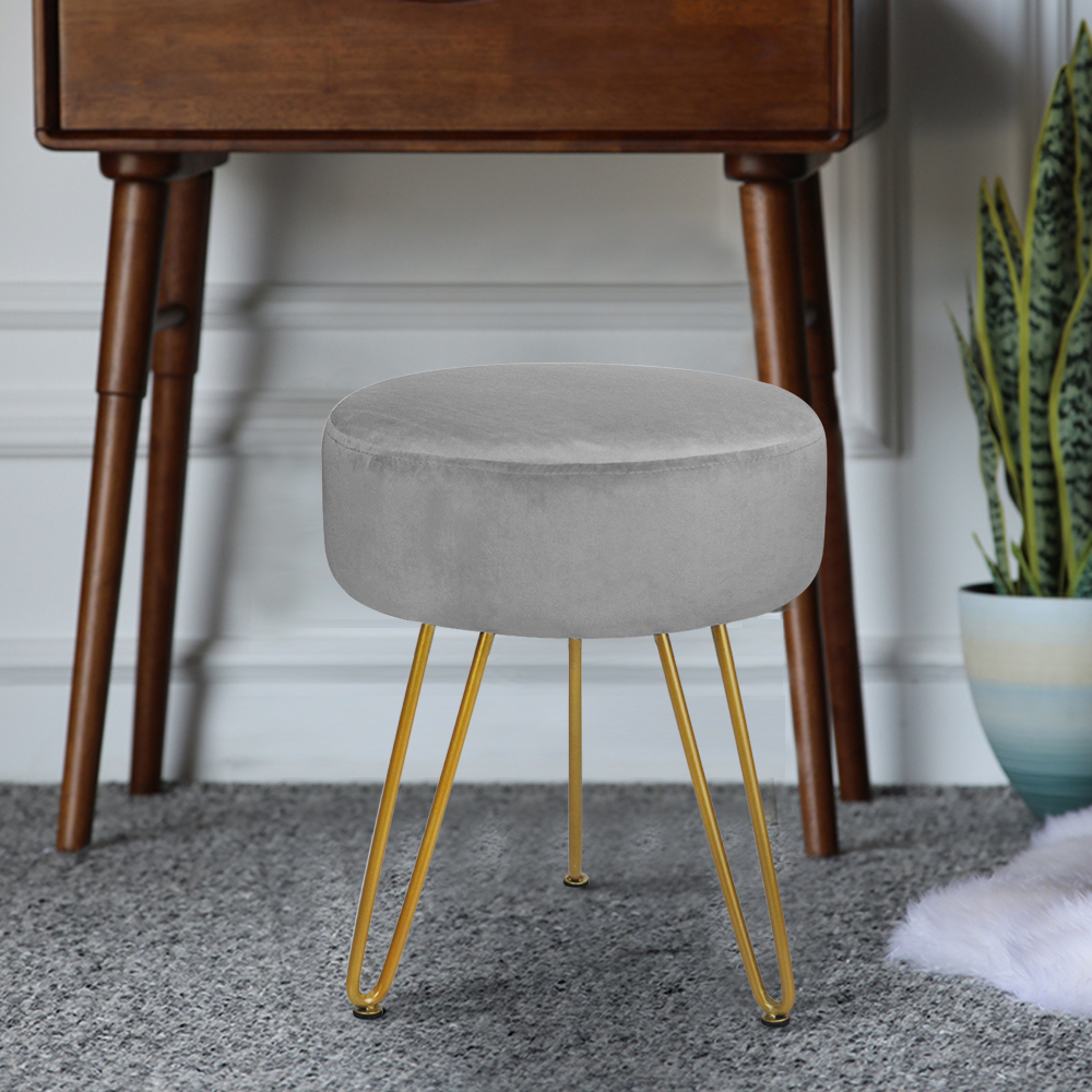 Velvet Footrest Footstool Ottoman Round Modern Upholstered Vanity Foot Stool Side Table Seat Dressing Chair with Golden Metal Leg Grey - image 3 of 10