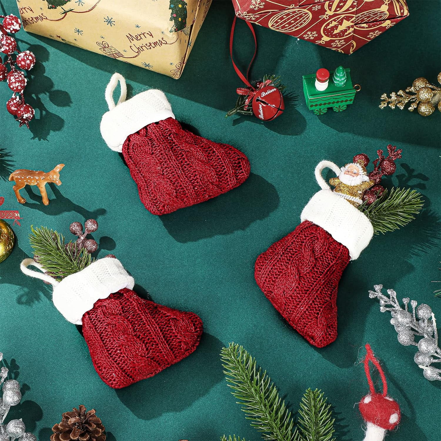 24PCS Christmas Mini Stockings Red Cable Knit Xmas Rustic Stocking Mini Stockings Christmas Bulk Little Holiday Hanging Decorations Christmas Tree Ornaments for Fireplace Mantel Tree Party Decor