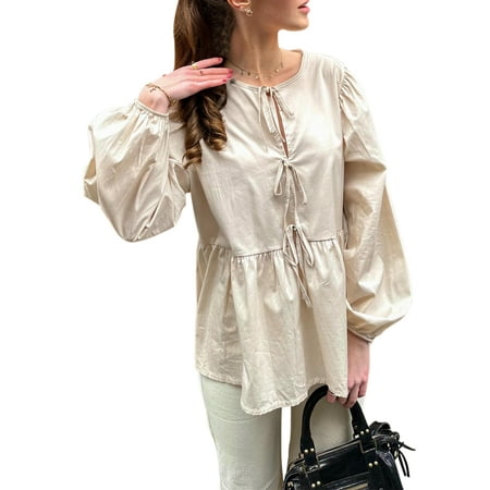 ZIYIXIN Women Bow Tie Front Shirt Top Cute Puff Sleeve Y2K Peplum Ruffle Babydoll Blouse Lace Up Summer Going Out