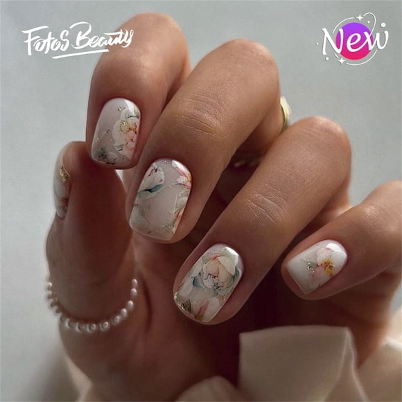 Fofosbeauty 24 Pcs Ongles Autocollants, Faux Ongles en Acrylique, Ongles Pleine Couverture pour Femmes Filles Enfants, Spécial Fleur Carrée
