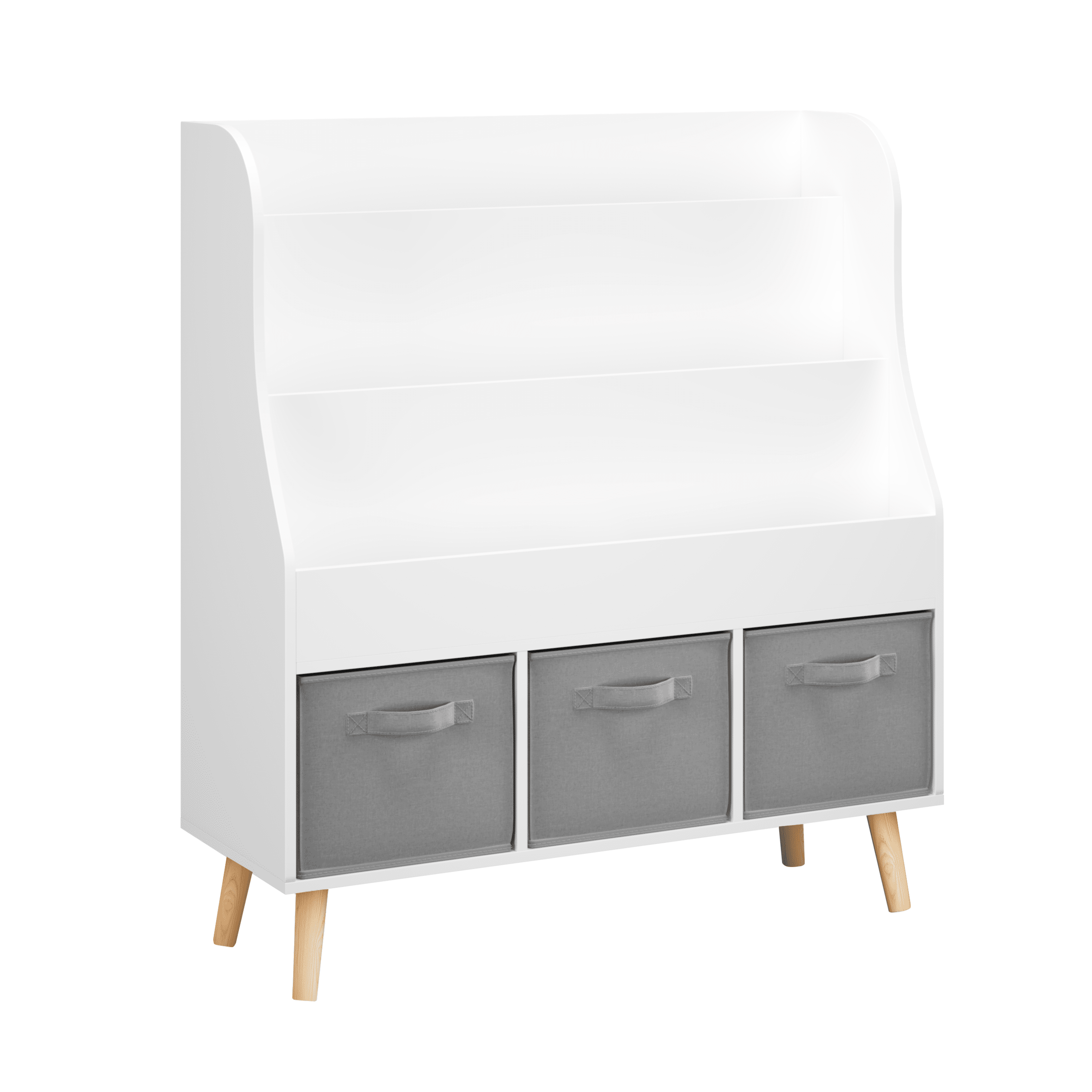 Kids Furniture Kids Bookshelf with 3 Fabric Storage Bins, White Wooden Book Display Organizer for Toddlers and Children, Front-Facing Book Rack with Pine Legs for Playroom, Nursery, or Bedroom,Baby F