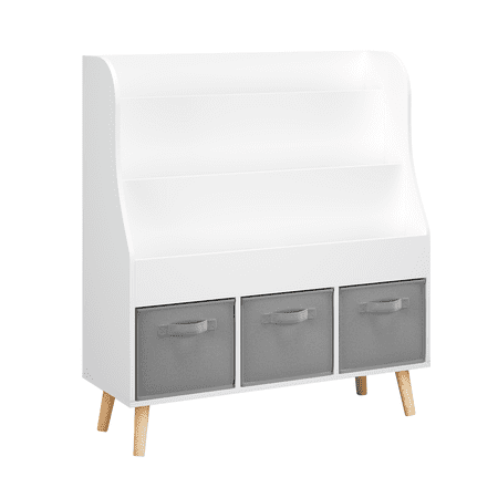 Kids Bookshelf With 3 Fabric Storage Bins White Wooden Book Display Organizer For Toddlers And Children Front-Facing Book Rack With Pine Legs For Playroom Nursery Or Bedroom